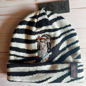 Ed Hardy Geisha Embroidery Knit Hat Black & White Zebra Striped Beanie NWT